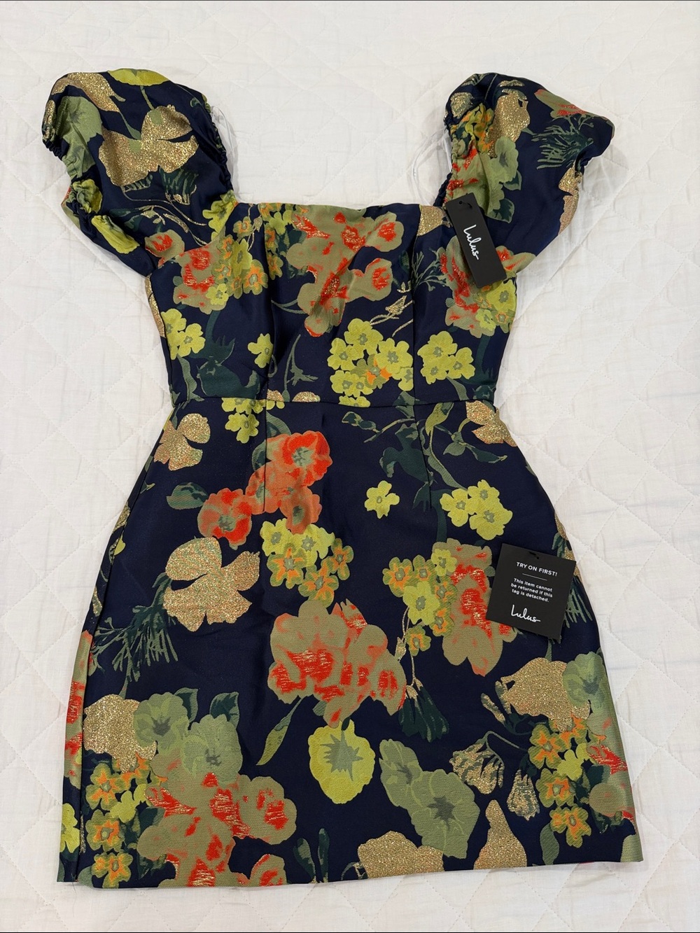 Lulu's Navy Floral Puff-Sleeve Mini Dress with Gold Accents
